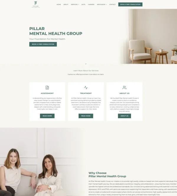 Pillar Mental Health website - Custom WordPress development for mental health services