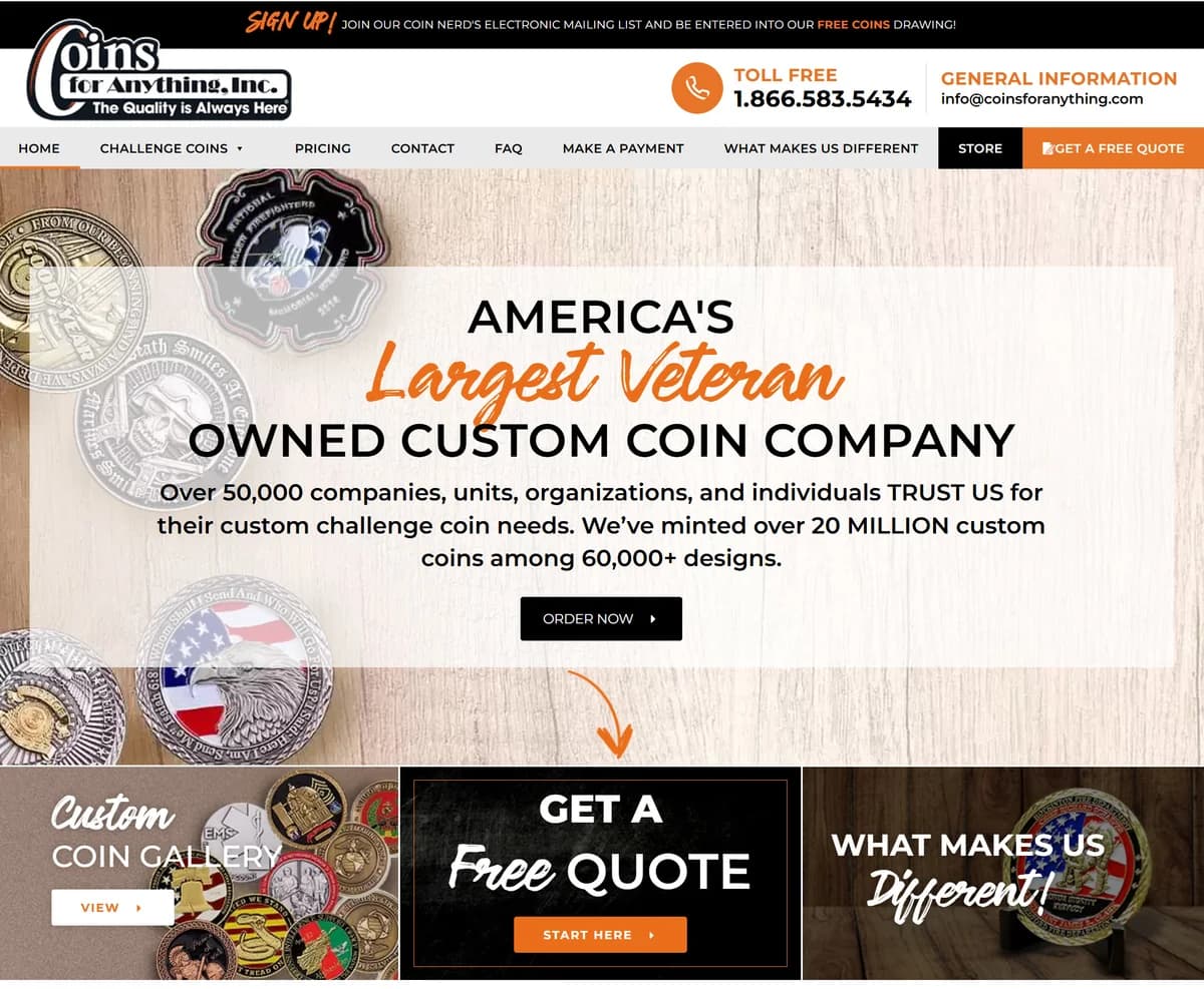 Coins For Anything website on desktop, built by PrimaryDM