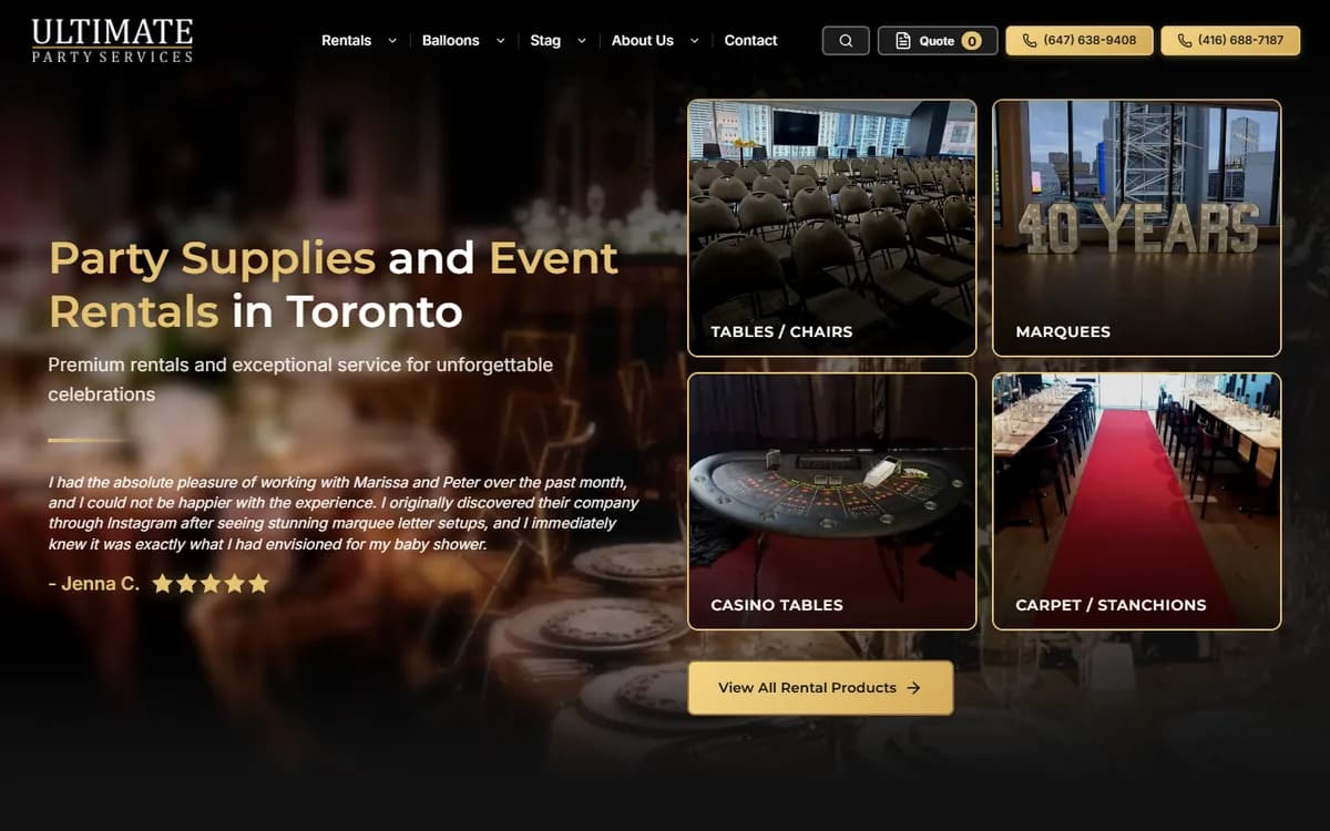 Ultimate Party Services website on desktop, built by PrimaryDM